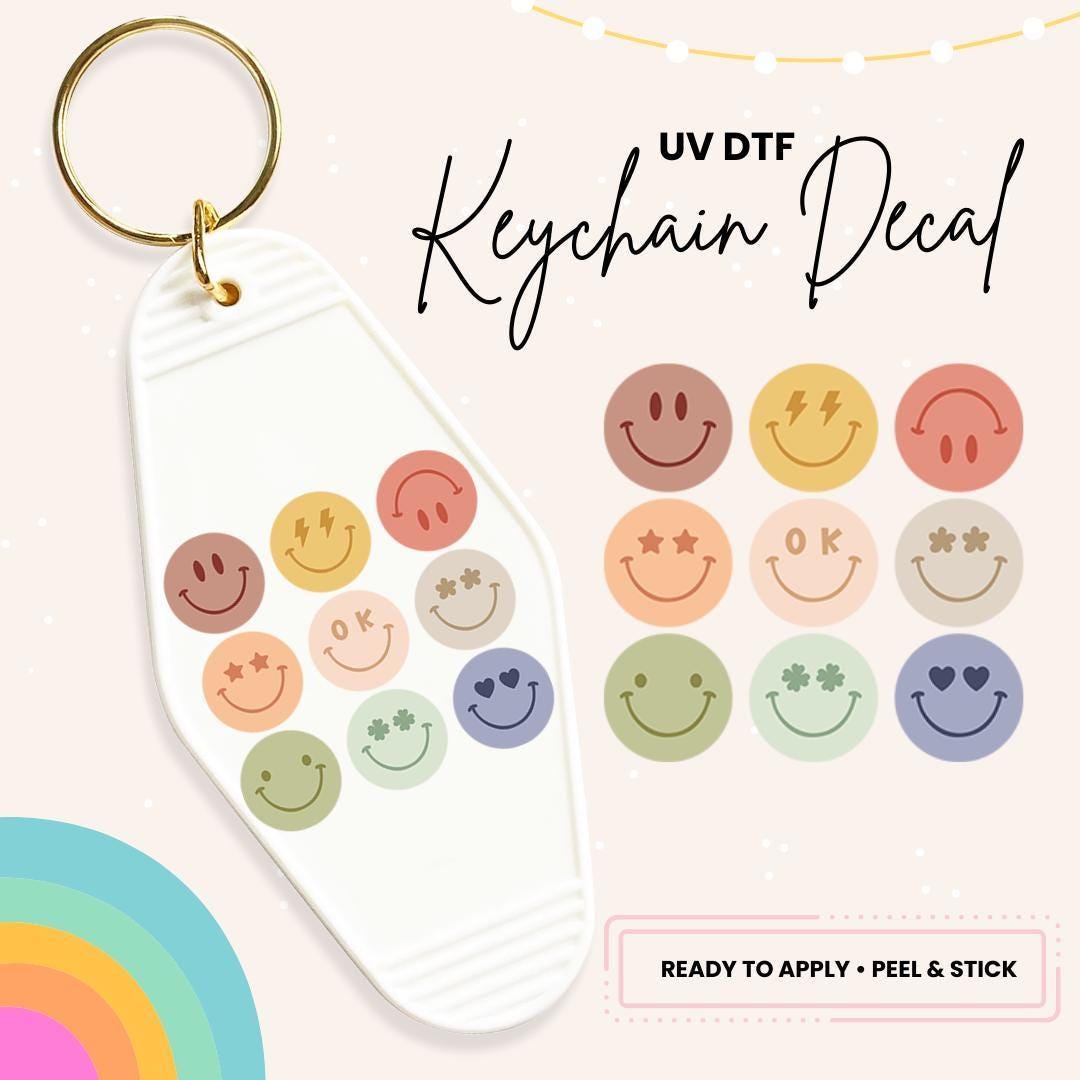 Smiley Face UV DTF Sticker For Retro Motel Keychain- Ready To Apply- No Heat Needed - Ready to Ship!