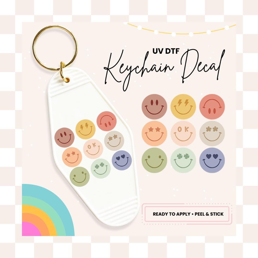 Smiley Face UV DTF Sticker For Retro Motel Keychain- Ready To Apply- No Heat Needed - Ready to Ship!