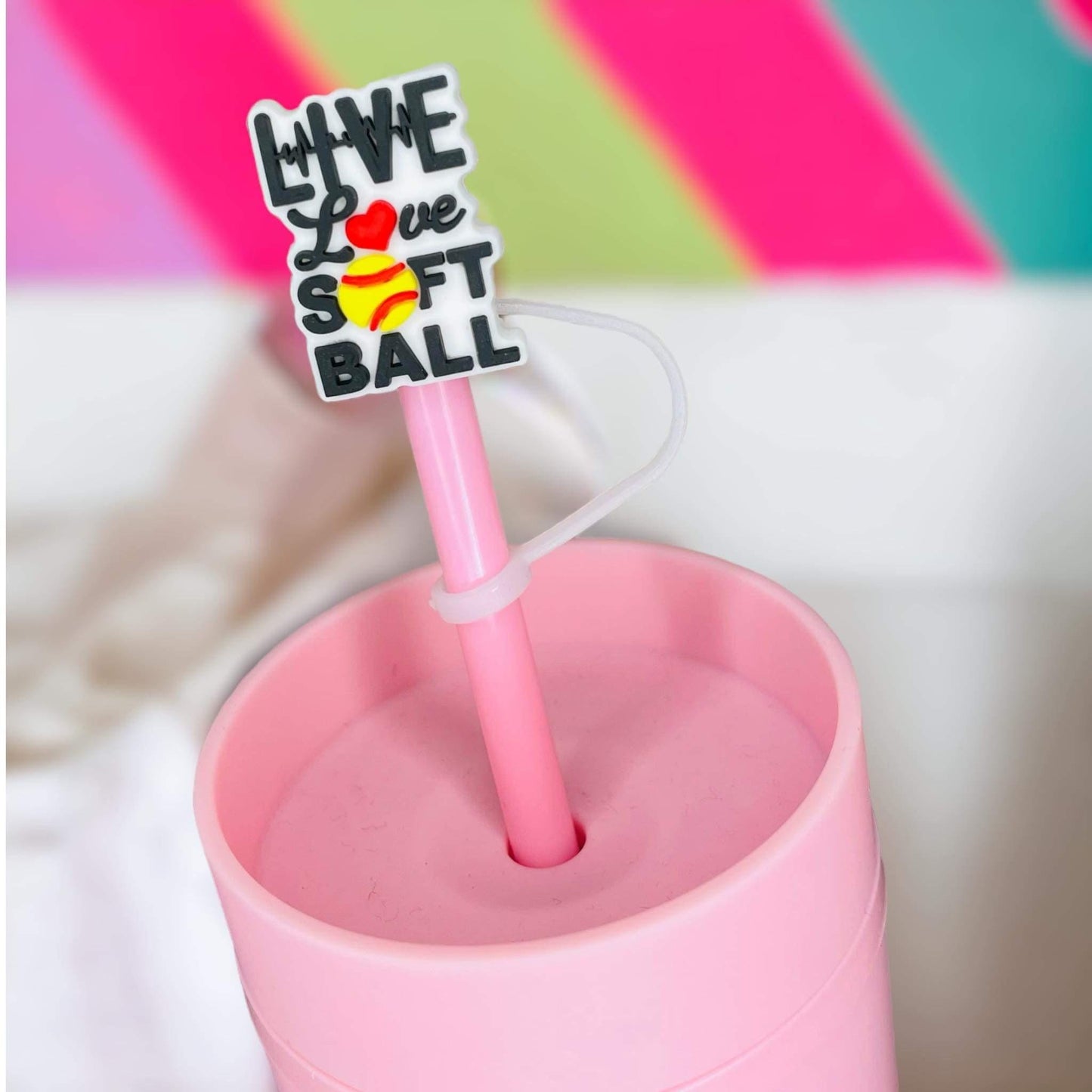 Live Love Softball Straw Topper | Tumbler Accessories | Straw Cover | Fits 8mm/10mm Straws | Straw Topper